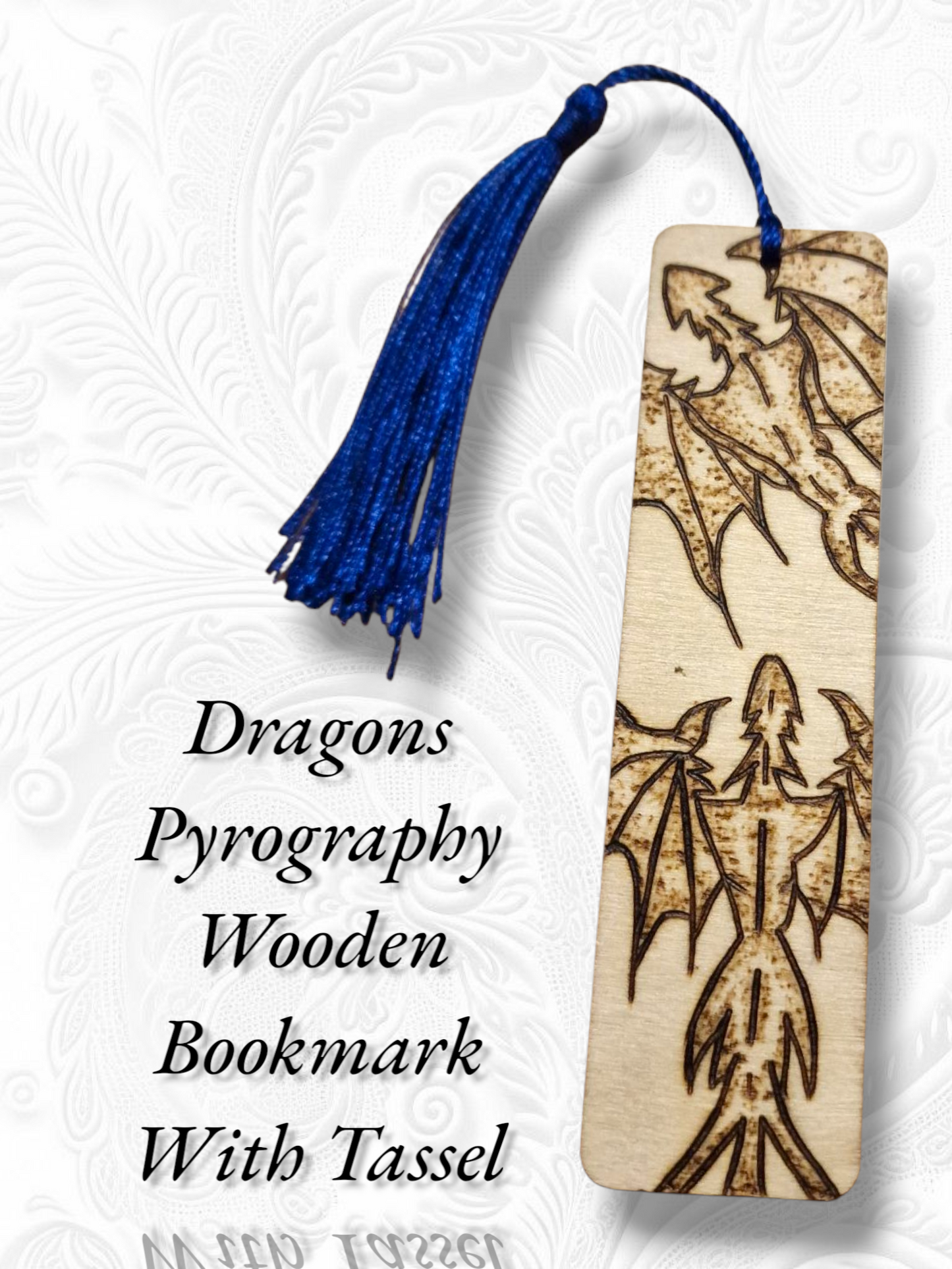 Dragons wooden bookmark with royal blue tassel