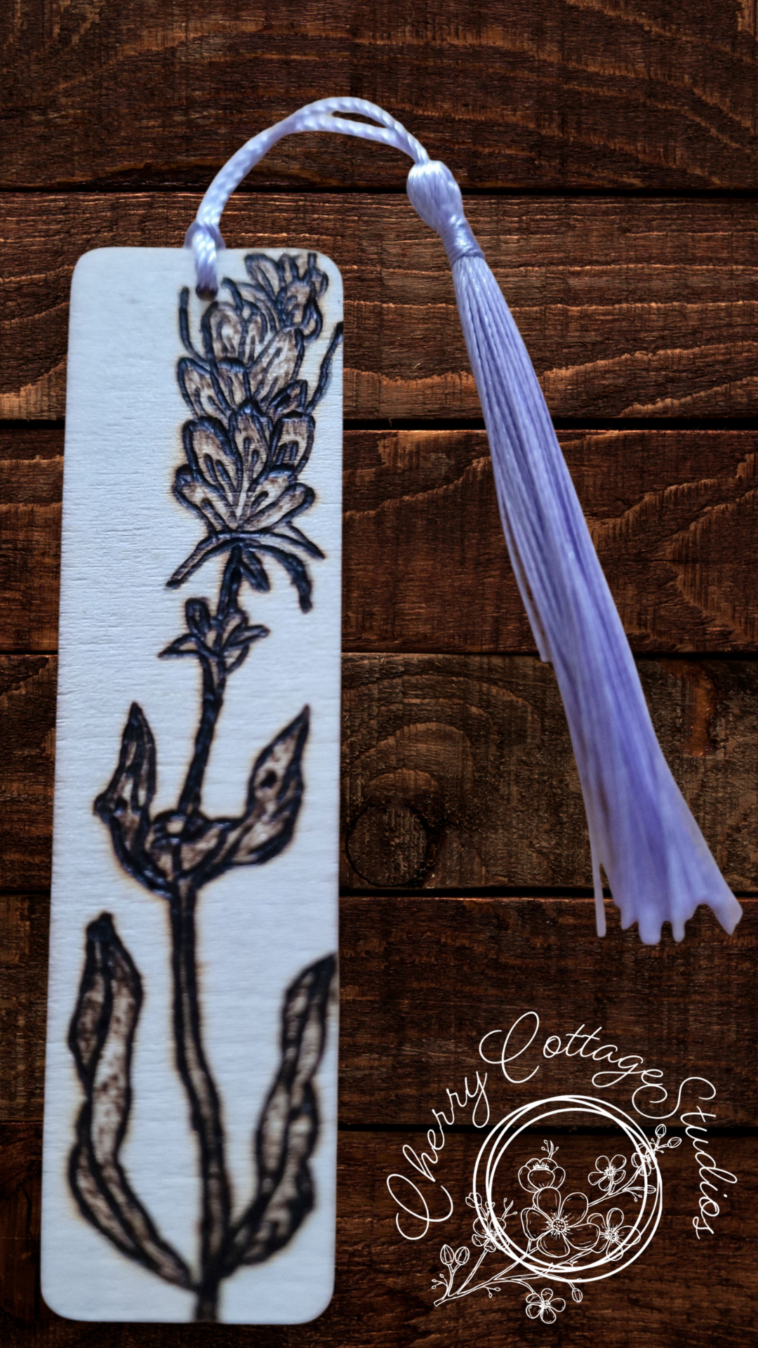 Lavender Bloom – Hand-Burned Floral Wooden Bookmark with Tassel