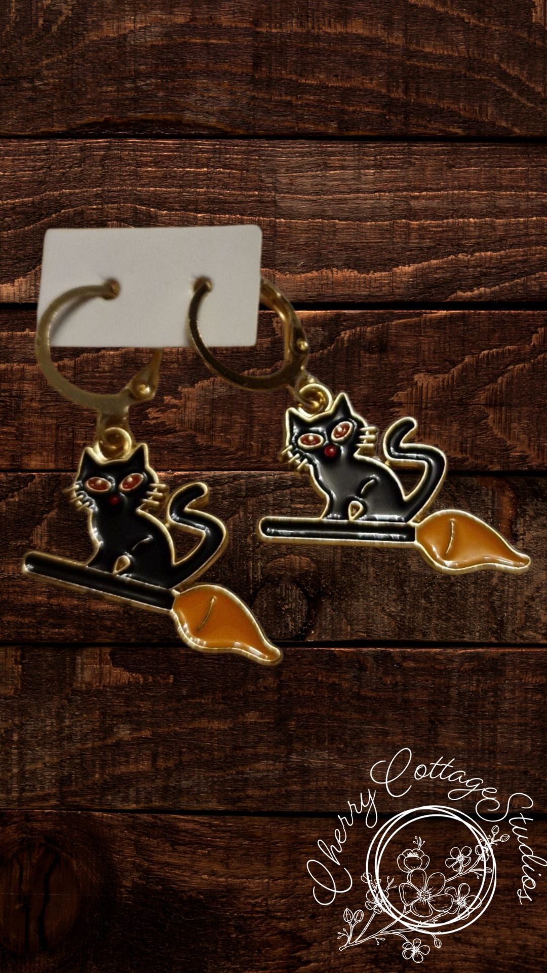 Cats On Broomsticks - Cat Hoop Dangle Earrings