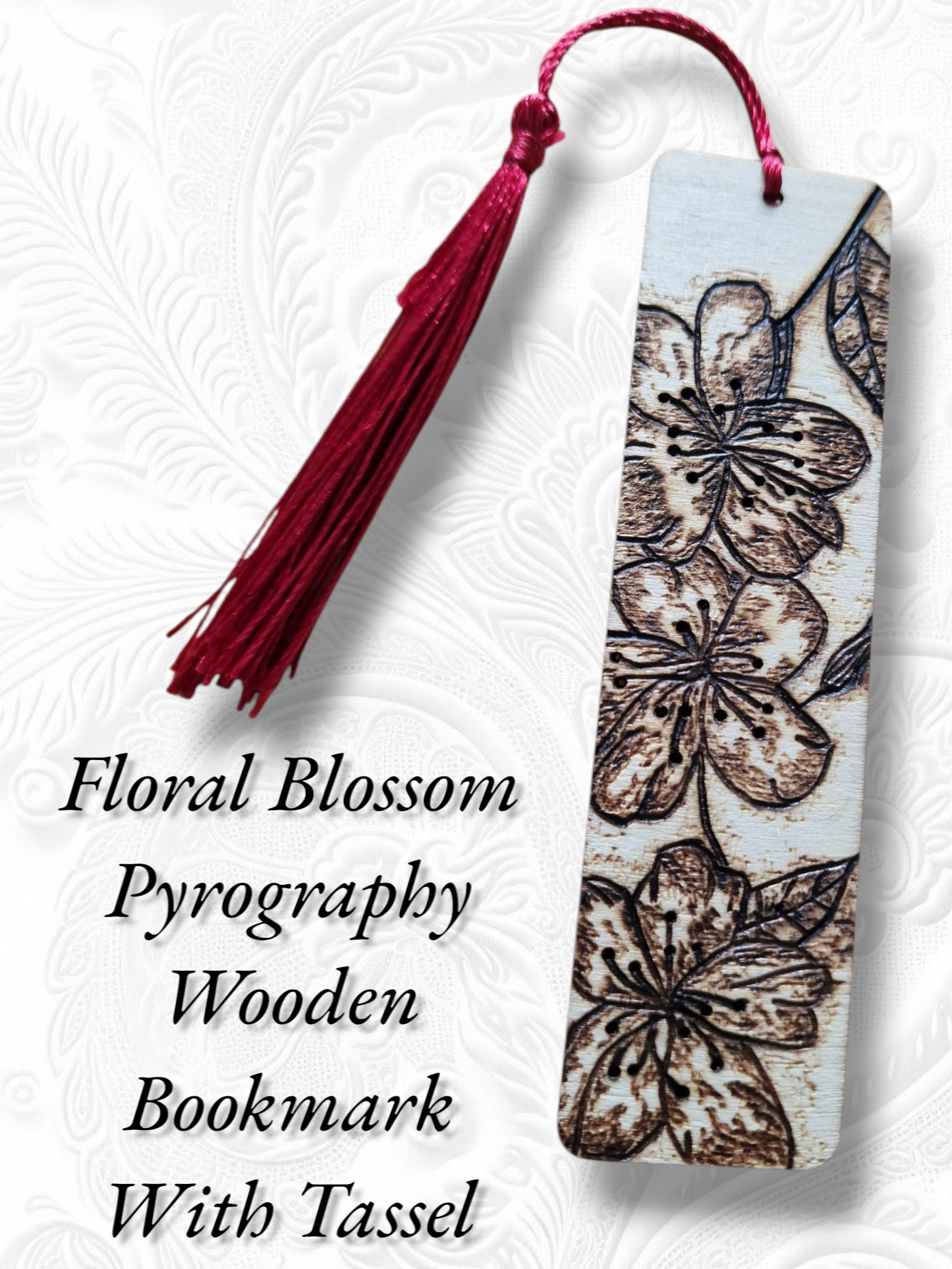 Floral Blossom wooden bookmark with red tassel