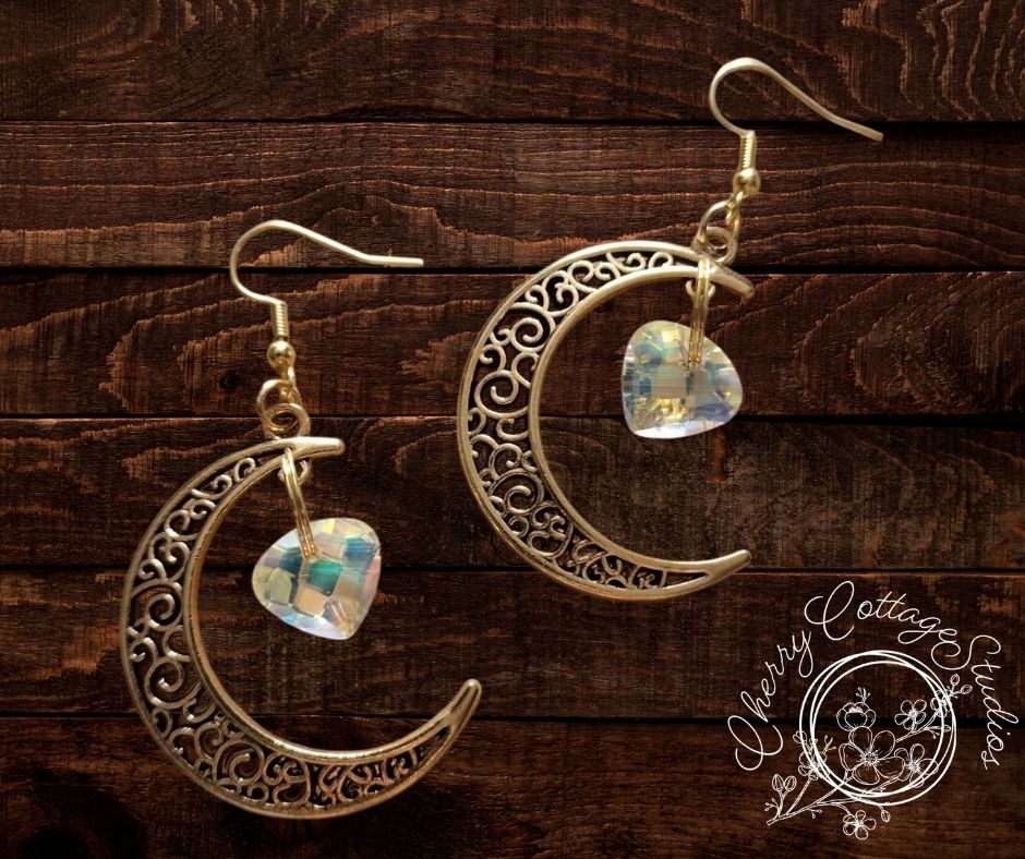Iridescent - Crescent Heart - Gemstone Dangle Earrings