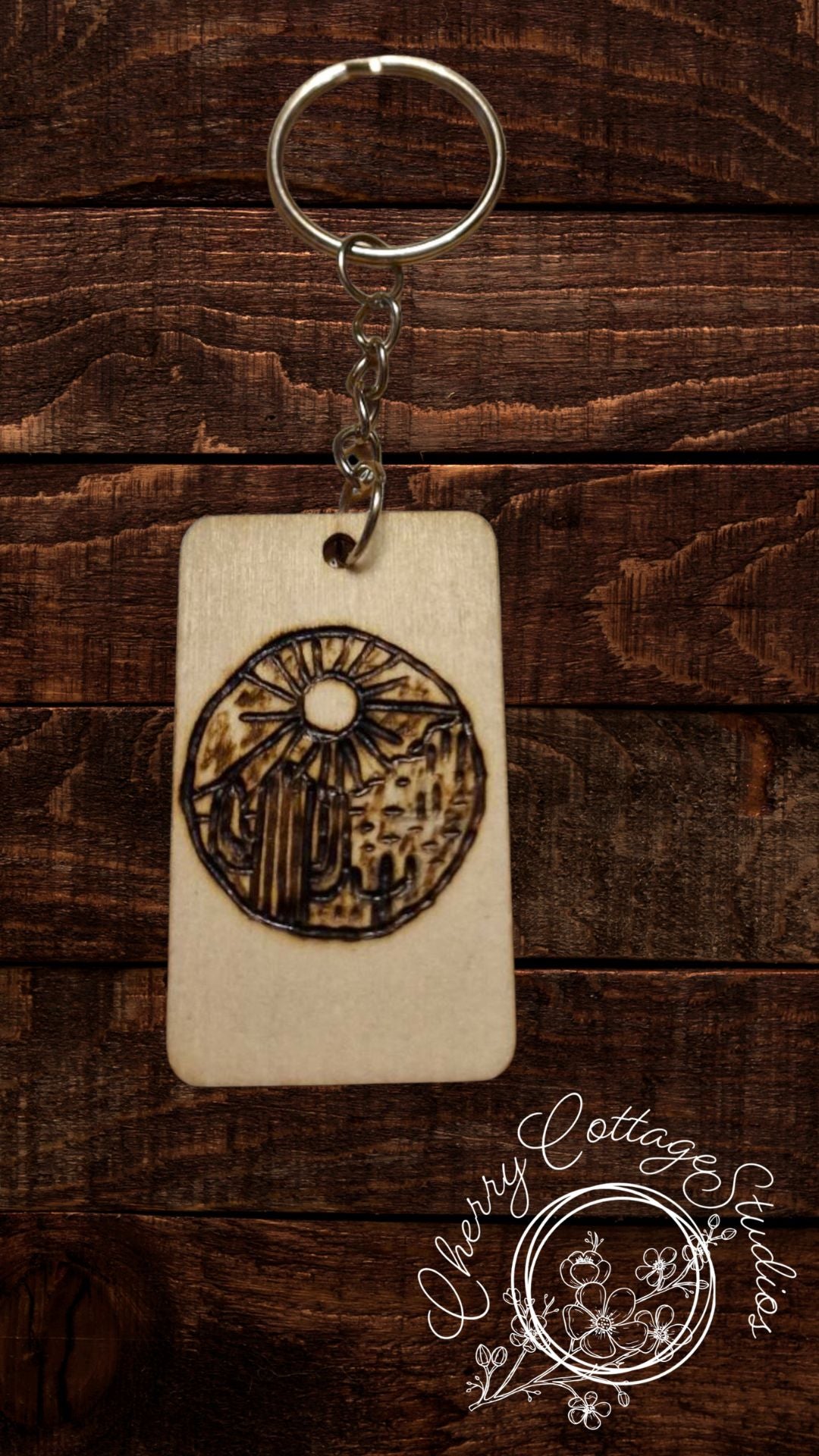 Desertlight – Hand-Engraved Cactus Landscape Wooden Keychain