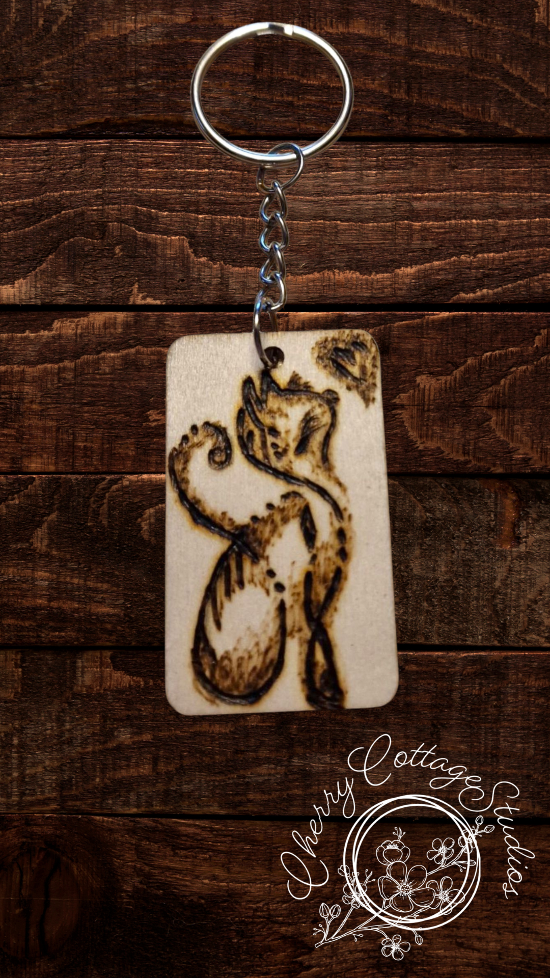 Curiosity and the Cat – Hand-Engraved Wooden Keychain
