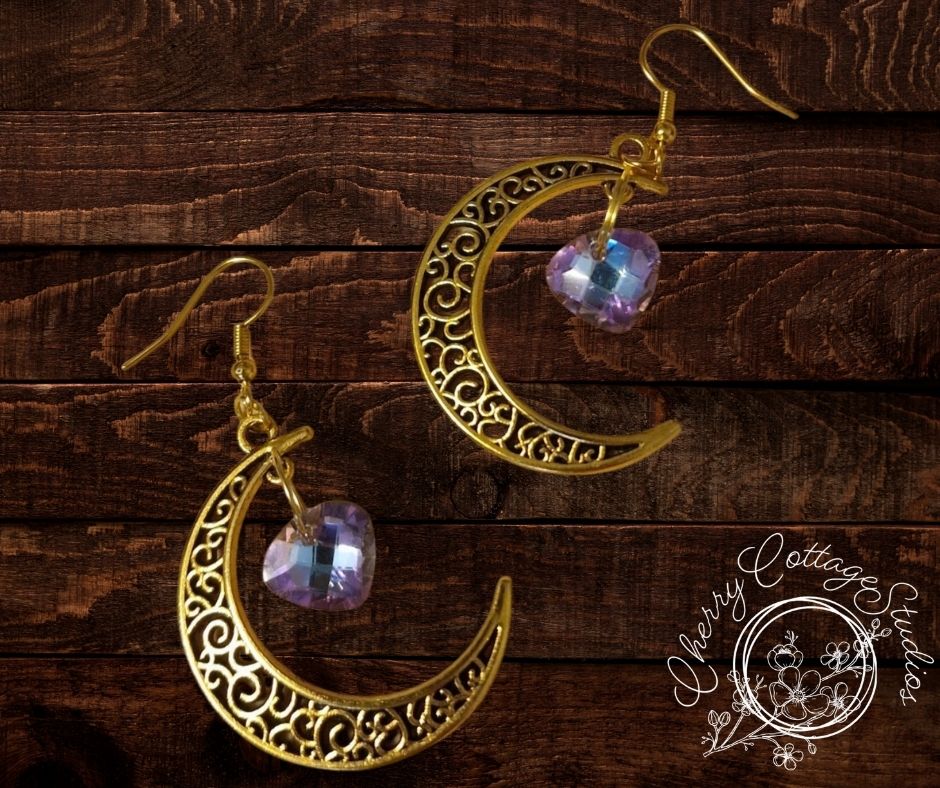 Lavender - Crescent Heart - Gemstone Dangle Earrings