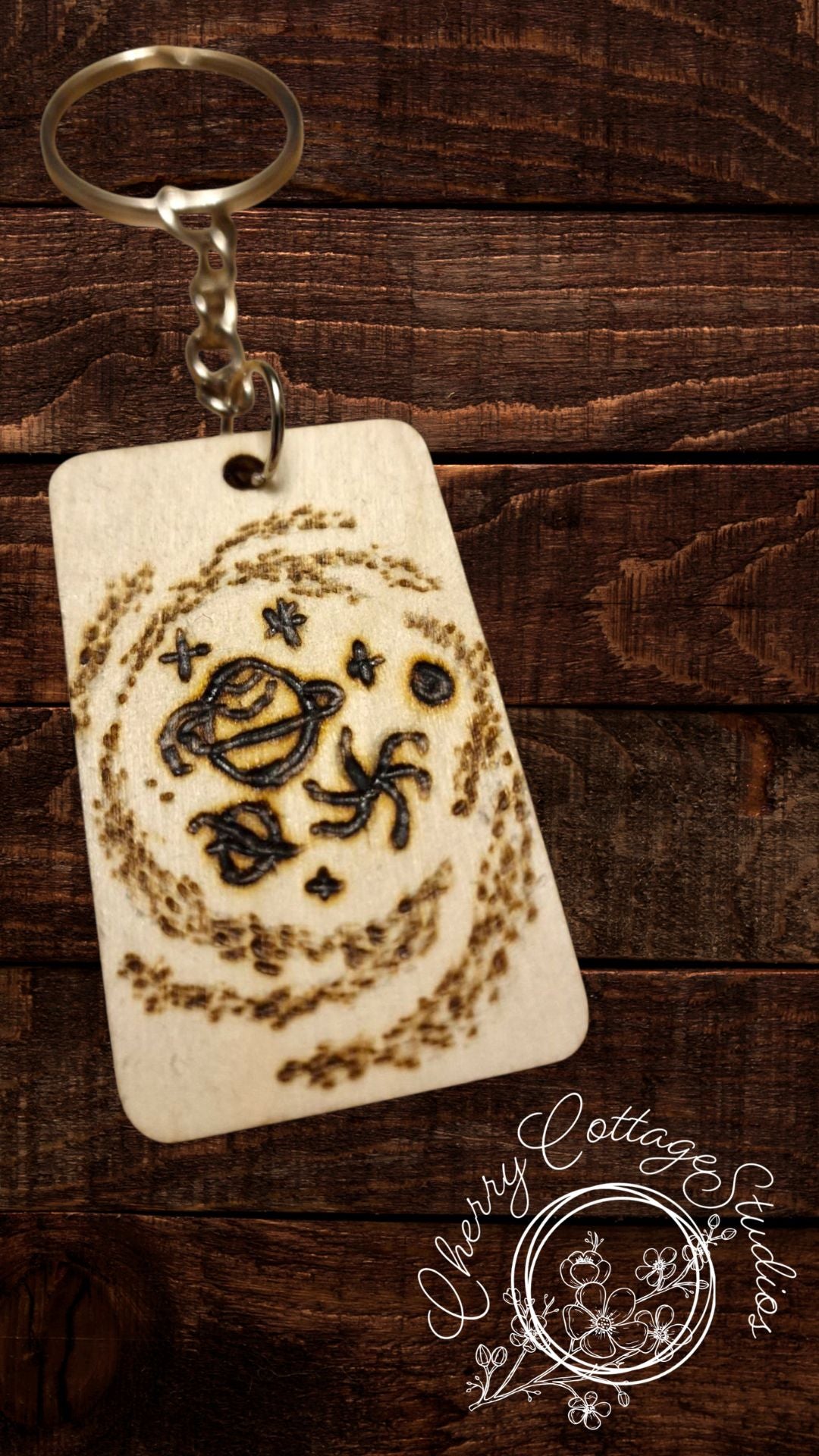 Celestial Orbit - Hand-Burned Space Wooden Keychain