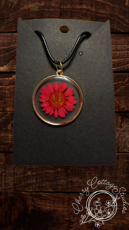 Red Daisy Pressed Flower Necklace