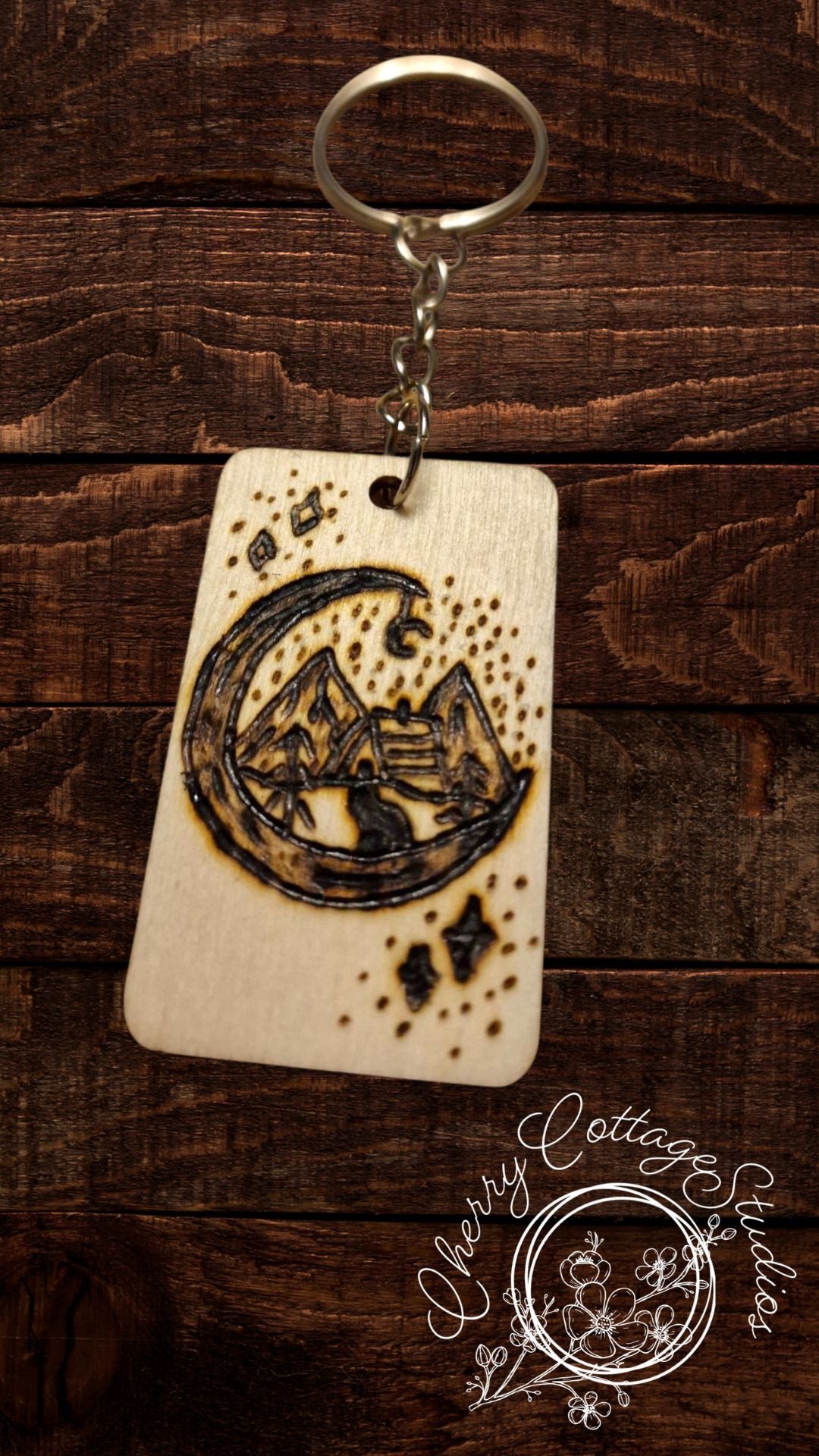Twilight Shelter – Hand-Engraved Mountain Landscape Wooden Keychain
