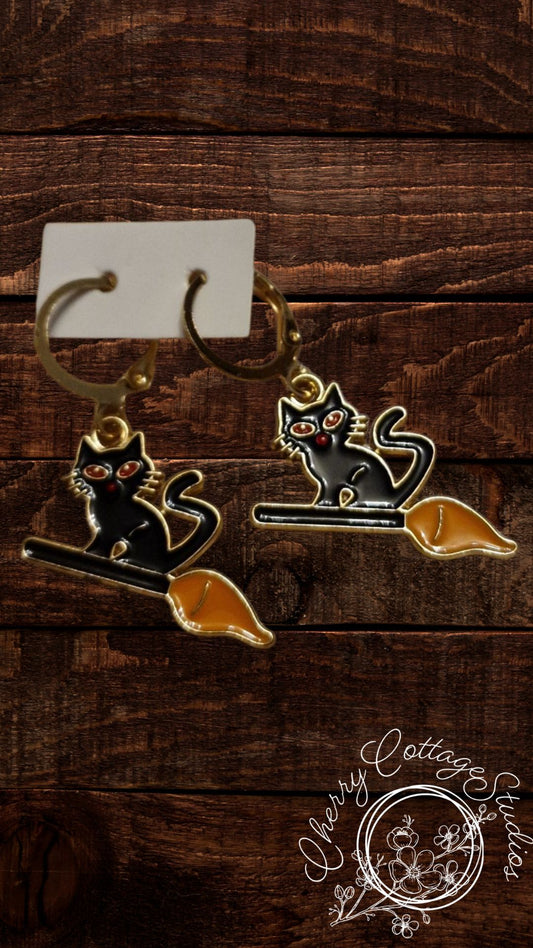 Cats On Broomsticks - Cat Hoop Dangle Earrings