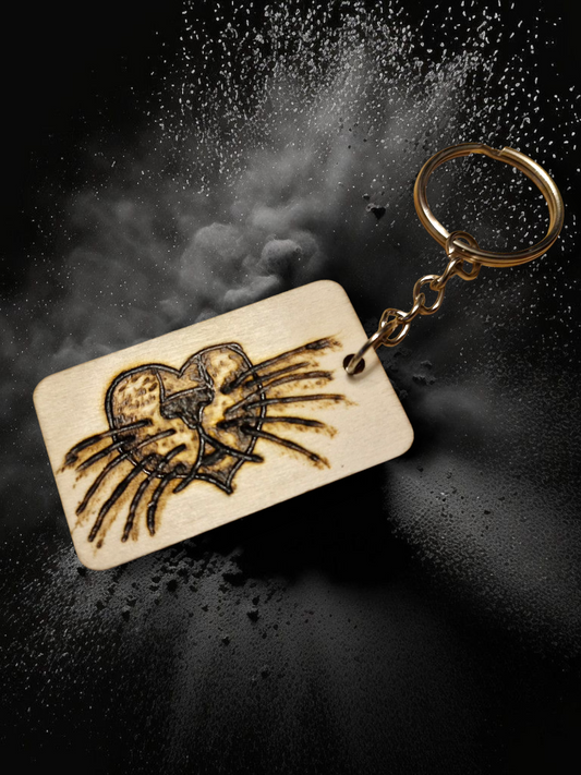 Cat in Heart wooden keychain