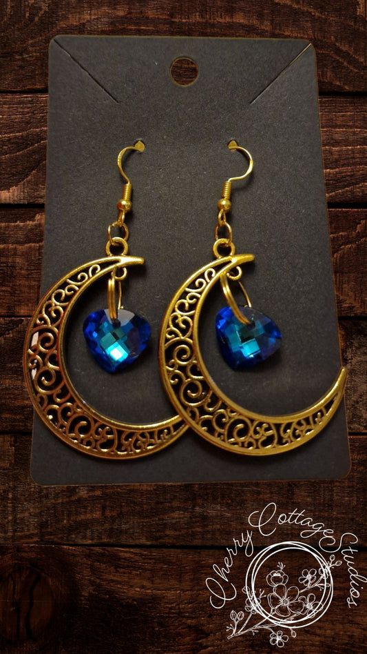 Cosmic - Crescent Heart - Gemstone Dangle Earrings