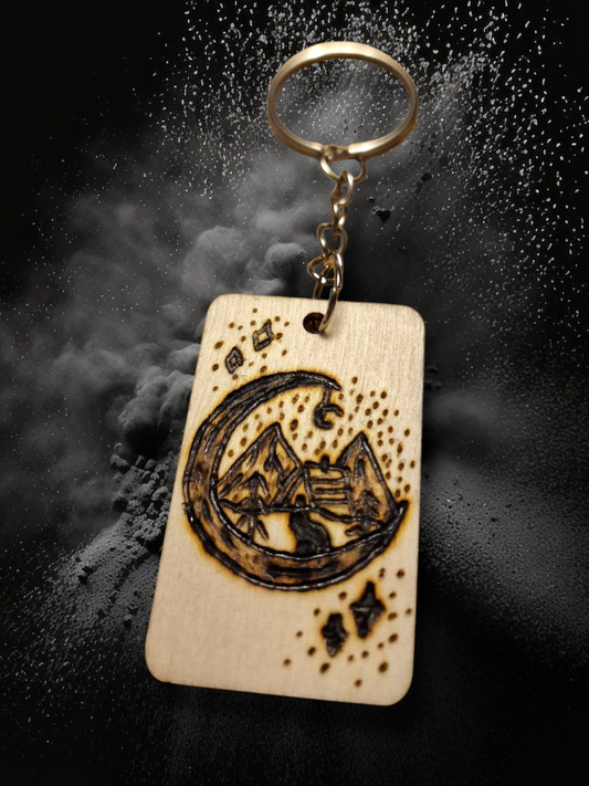 Camping Crescent Moon wooden keychain