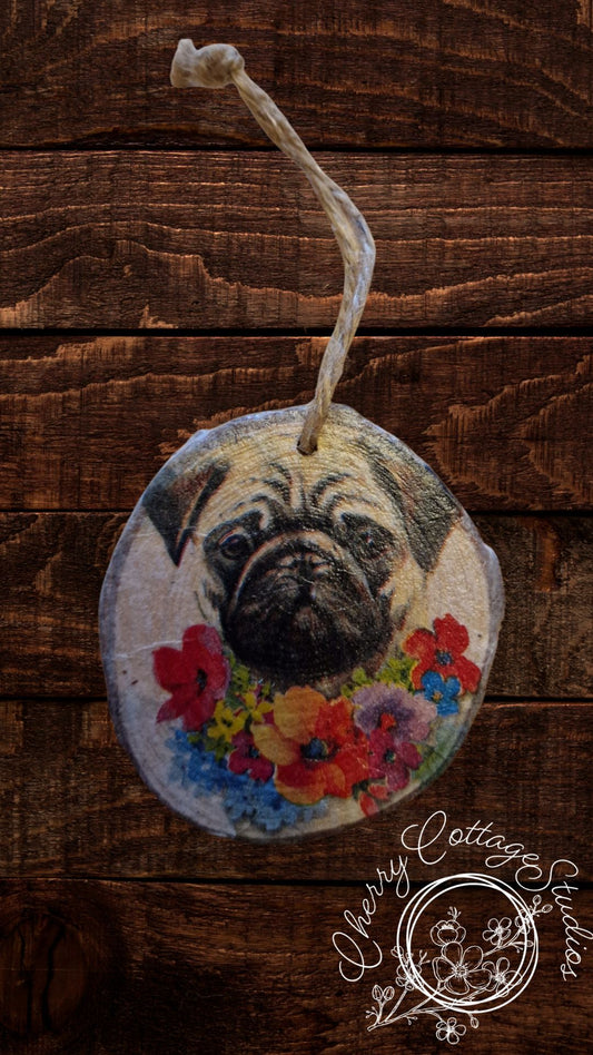 Wooden Pug Dog Christmas Hanging Decoration Ornament