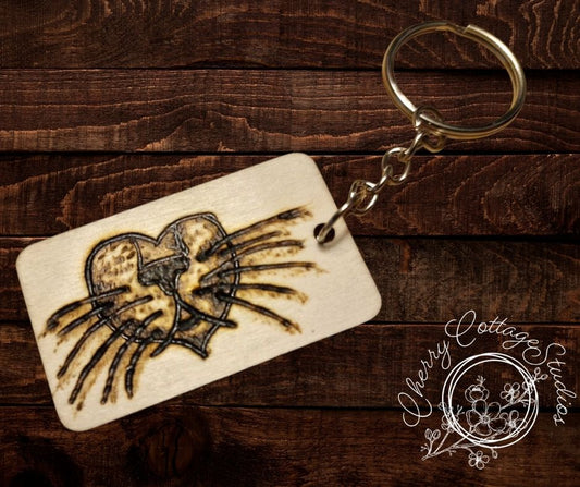 Heartwhisker – Hand-Engraved Cat Face Wooden Keychain