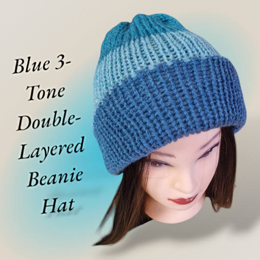 Blue 3-Tone double-layered knitted beanie hat