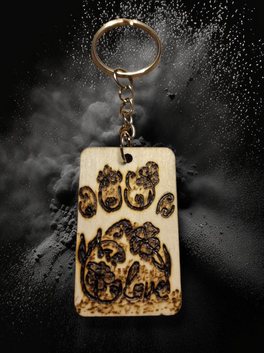 Floral "Love" Pawprint wooden keychain