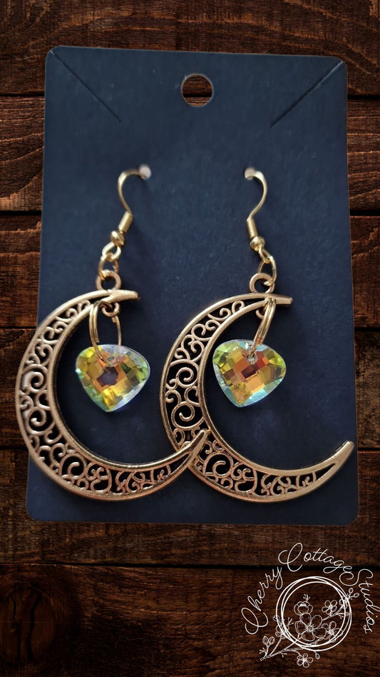 Iridescent - Crescent Heart - Gemstone Dangle Earrings