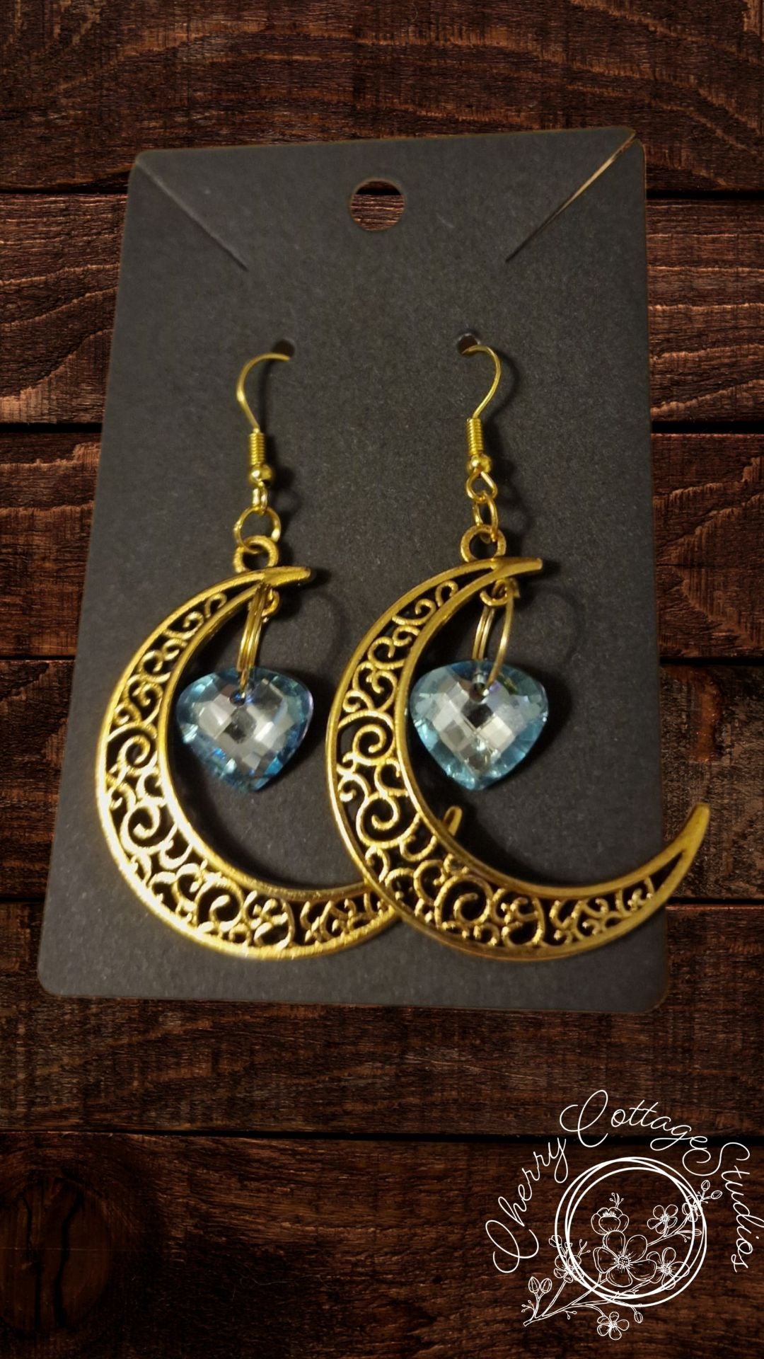 Aqua - Crescent Heart - Gemstone Dangle Earrings