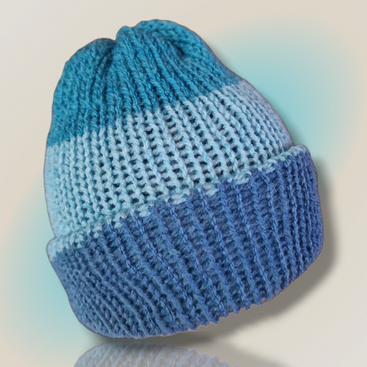Blue 3-Tone double-layered knitted beanie hat