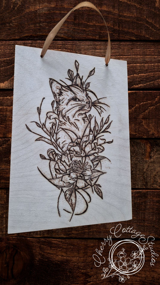 Whiskers and Peonies - Cat A5 Hanging Wooden Art Picture