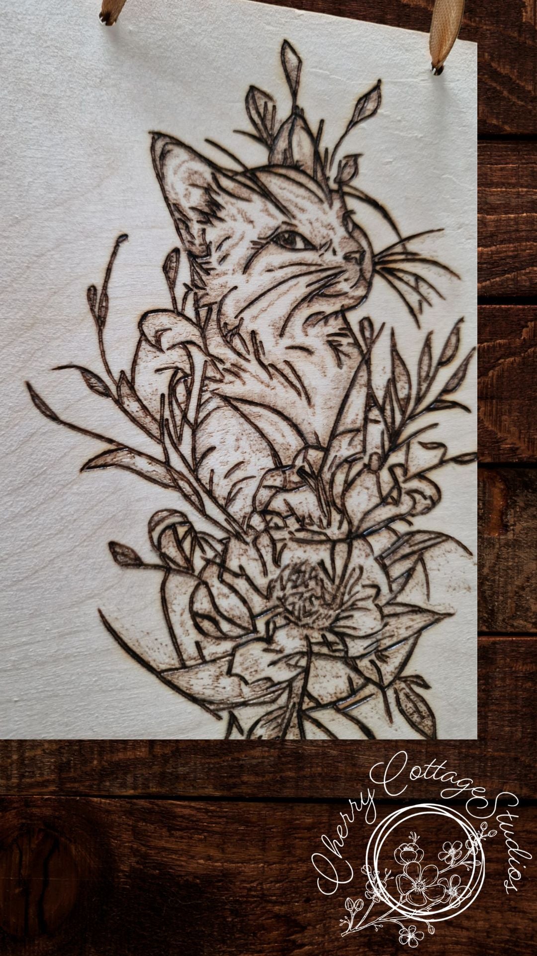 Whiskers and Peonies - Cat A5 Hanging Wooden Art Picture