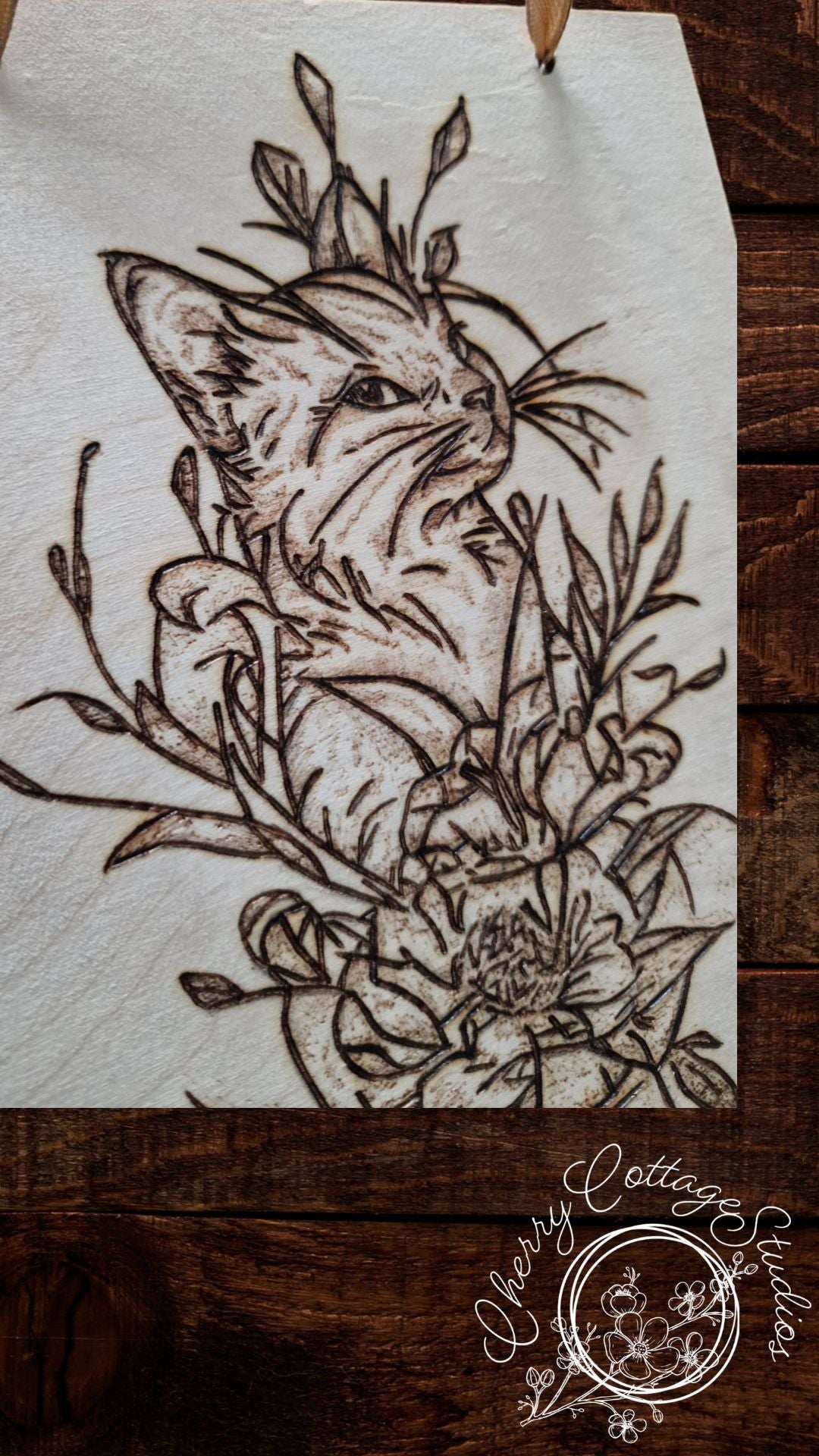 Whiskers and Peonies - Cat A5 Hanging Wooden Art Picture