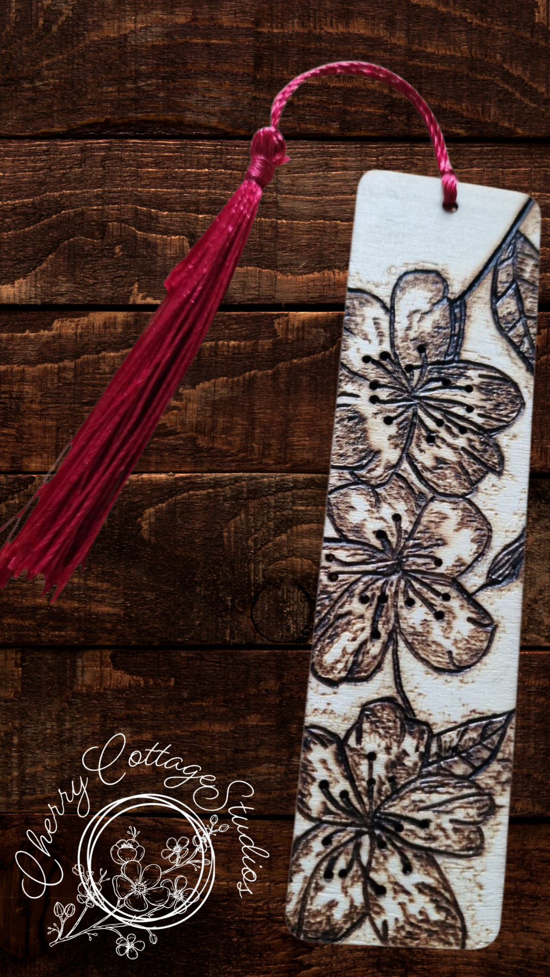 Floral Blossom - Hand-Burned Wooden Bookmark With Tassel
