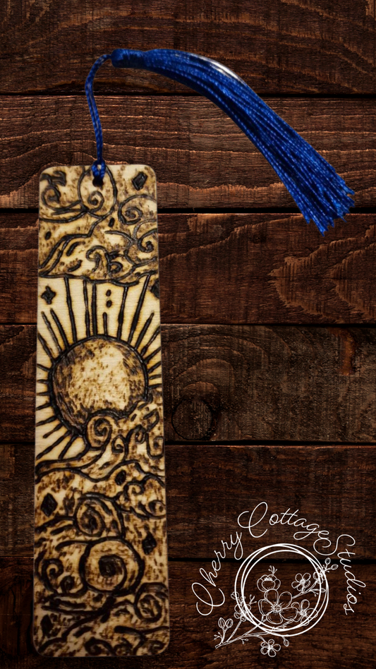 Solar Drift - Hand-Burned Wooden Bookmark With Tassel