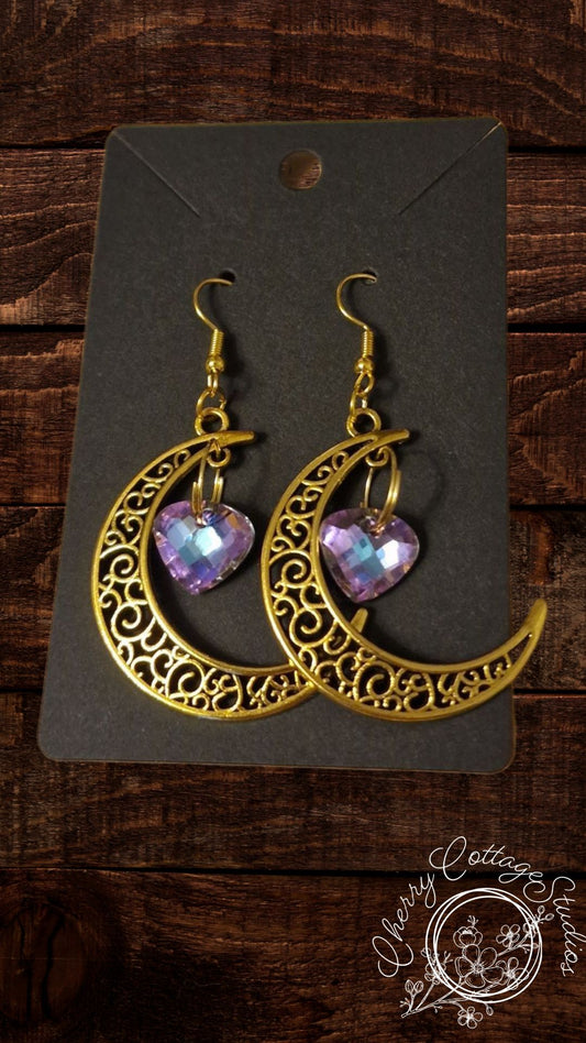 Lavender - Crescent Heart - Gemstone Dangle Earrings