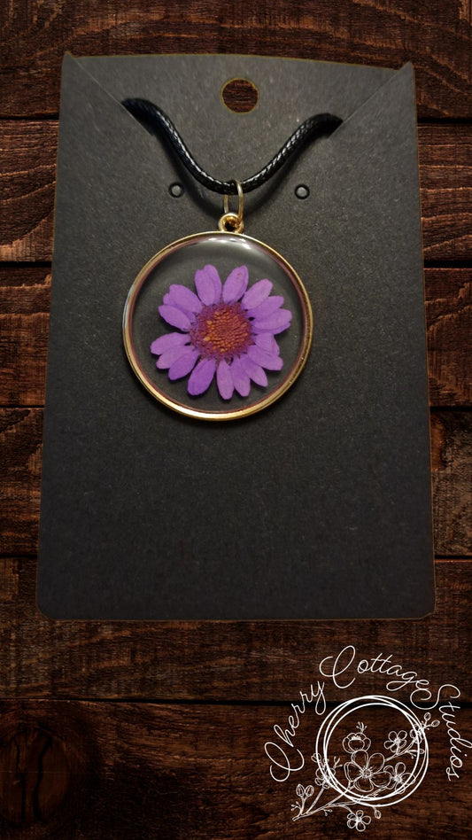 Purple Daisy Pressed Flower Necklace