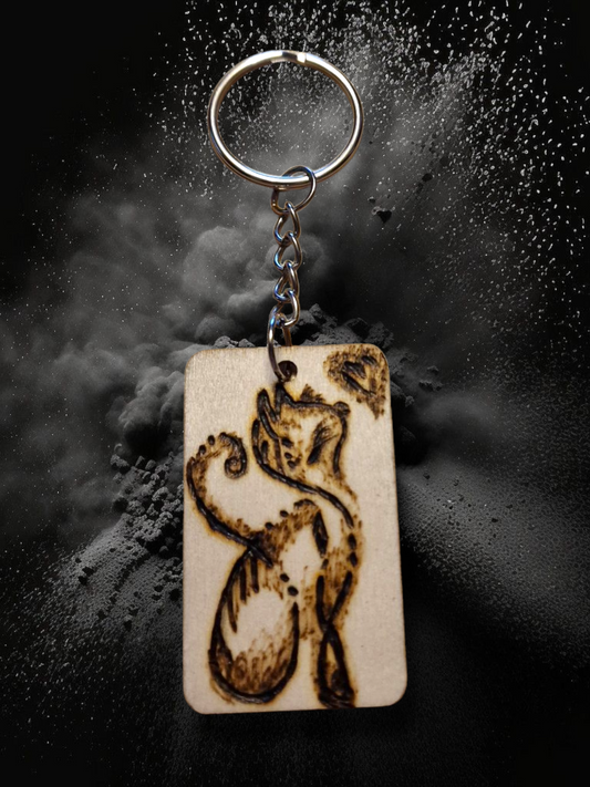 Sitting Cat wooden keychain