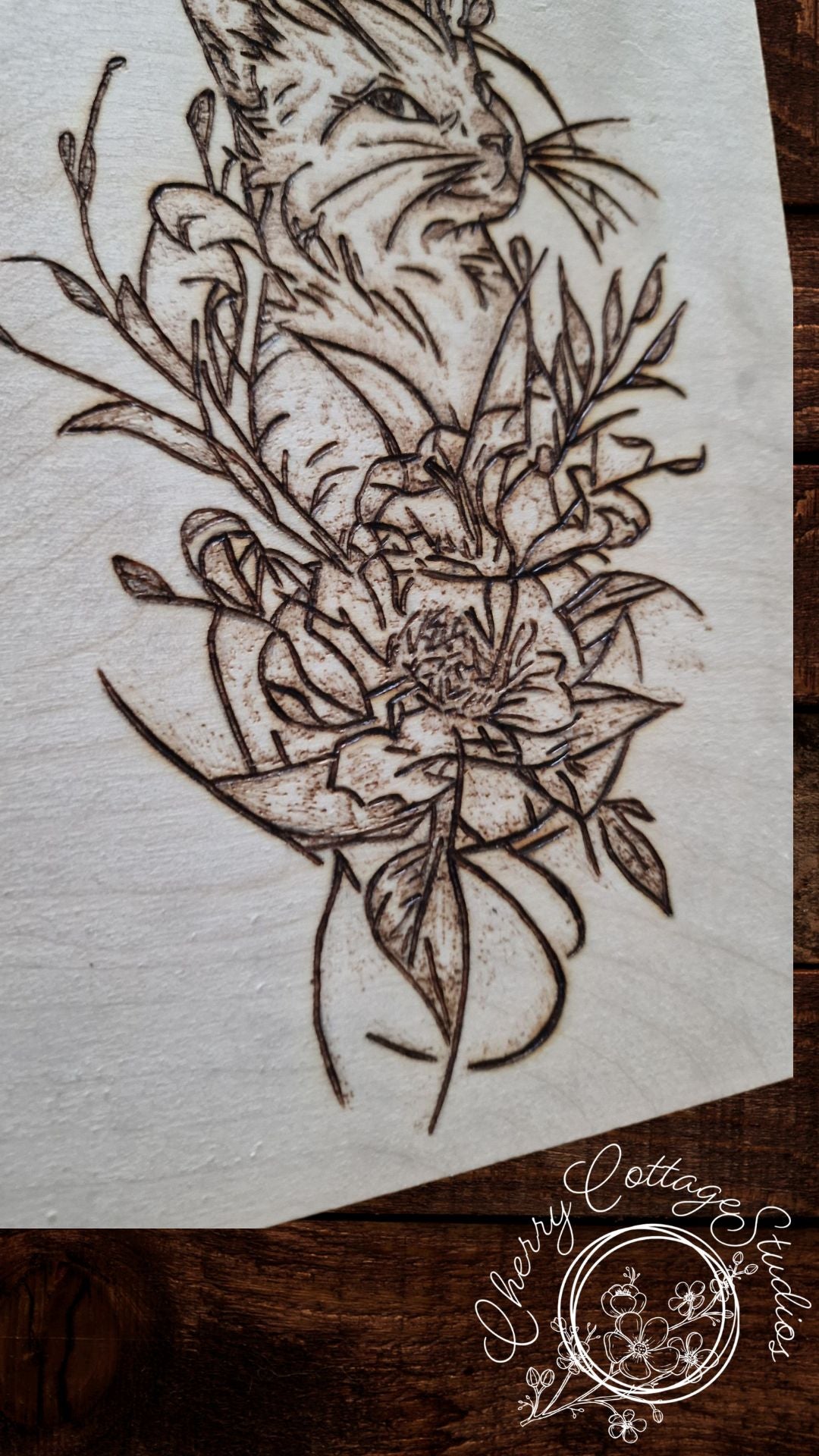 Whiskers and Peonies - Cat A5 Hanging Wooden Art Picture