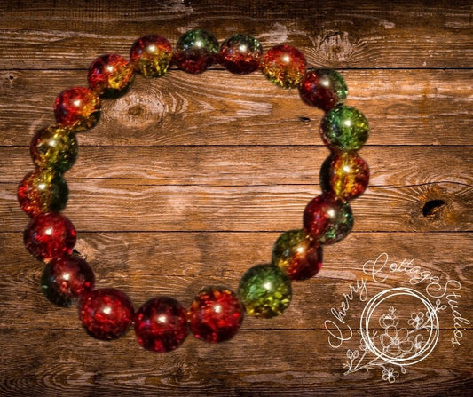 Red And Green Crackle Bead Elasticated Bracelet