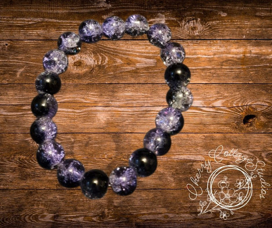 Black And Purple Crackle Bead Elasticated Bracelet