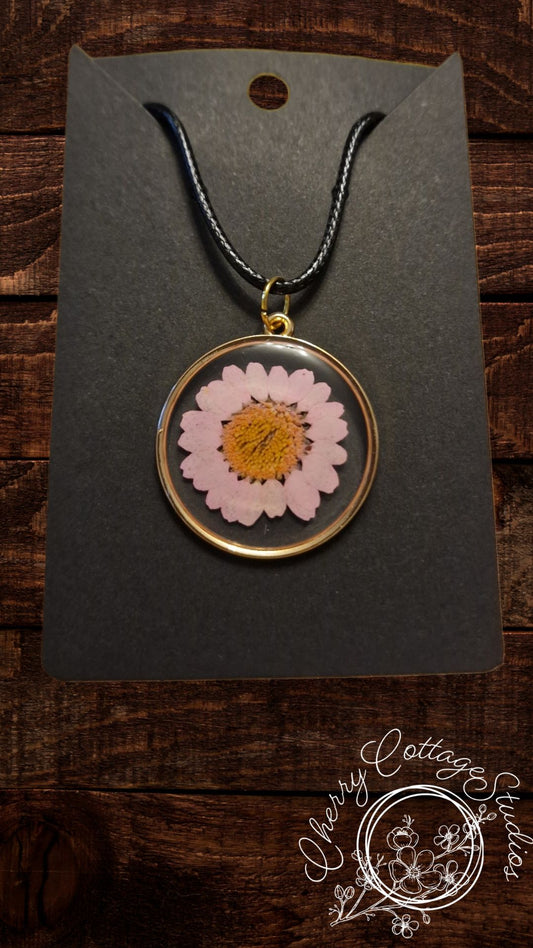 Pink Daisy Pressed Flower Necklace