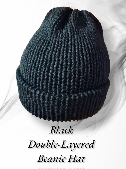 Black double-layered knitted beanie hat